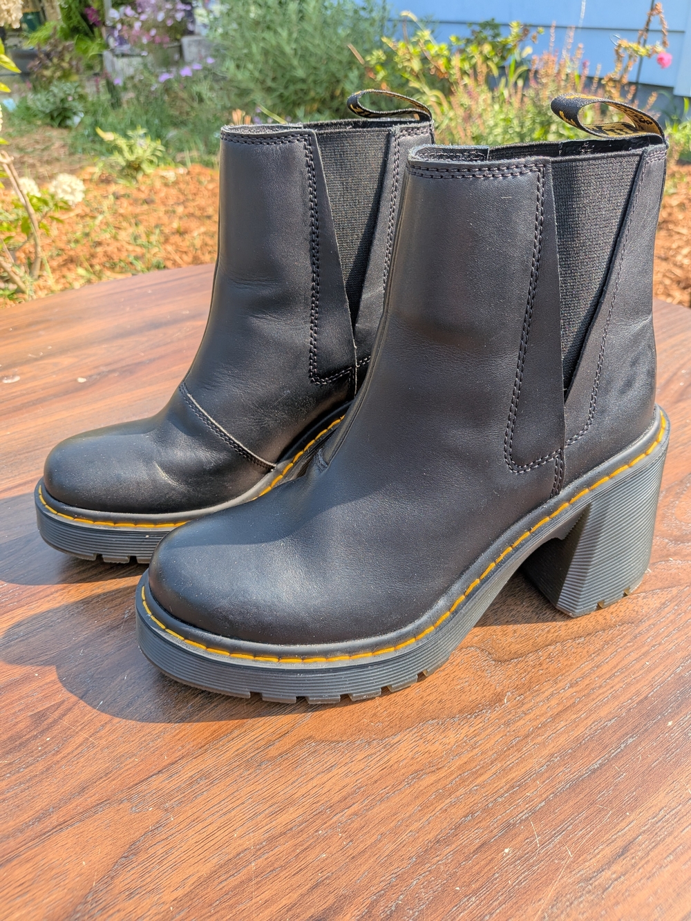 Dr. Martens Black Spence Chelsea Block Heel Boots with Yellow Stitching
